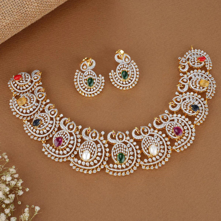 92.5 Silver Navaratna with Peacock Units Zirconia Necklace and Earrings Set
