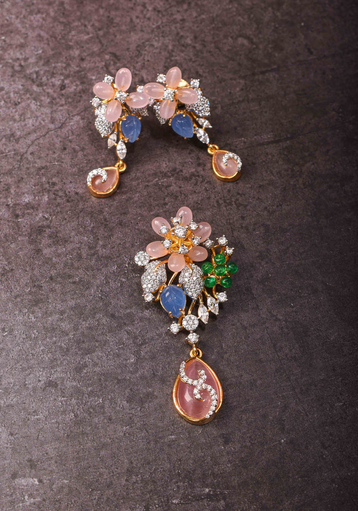 92.5 Silver Pastel Tulips Floral Pendant and earrings set, chain not included