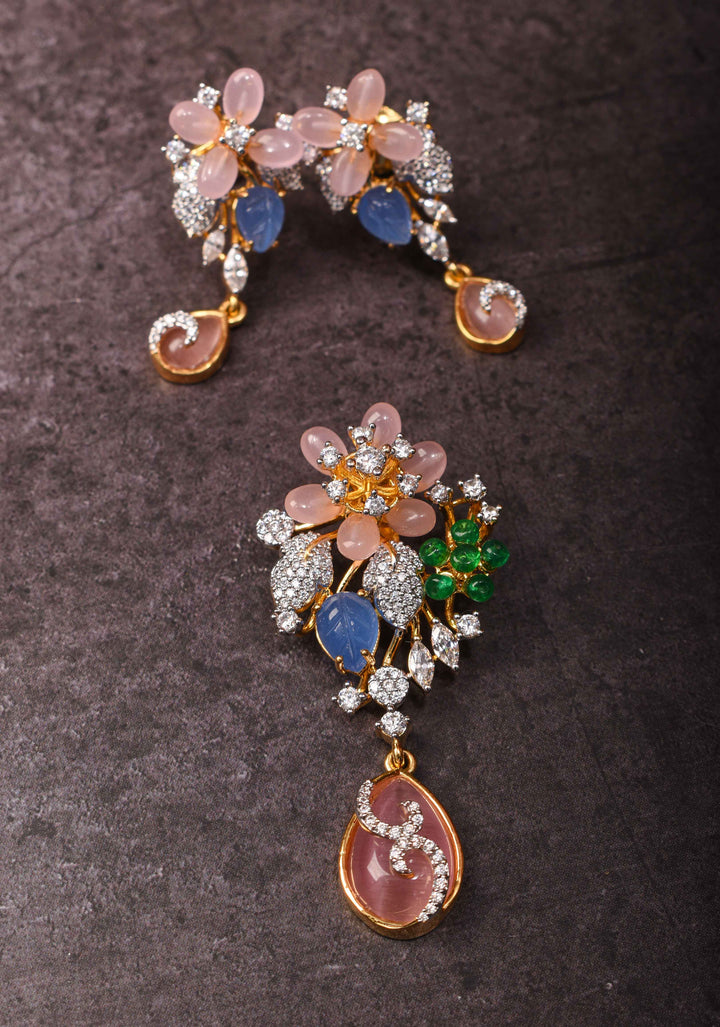 92.5 Silver Pastel Tulips Floral Pendant and earrings set, chain not included