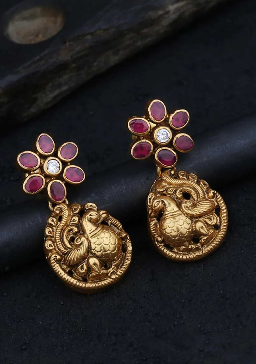 92.5 Silver Nagas Dancing Peacock Earrings, in 24 Kt Antique gold finish