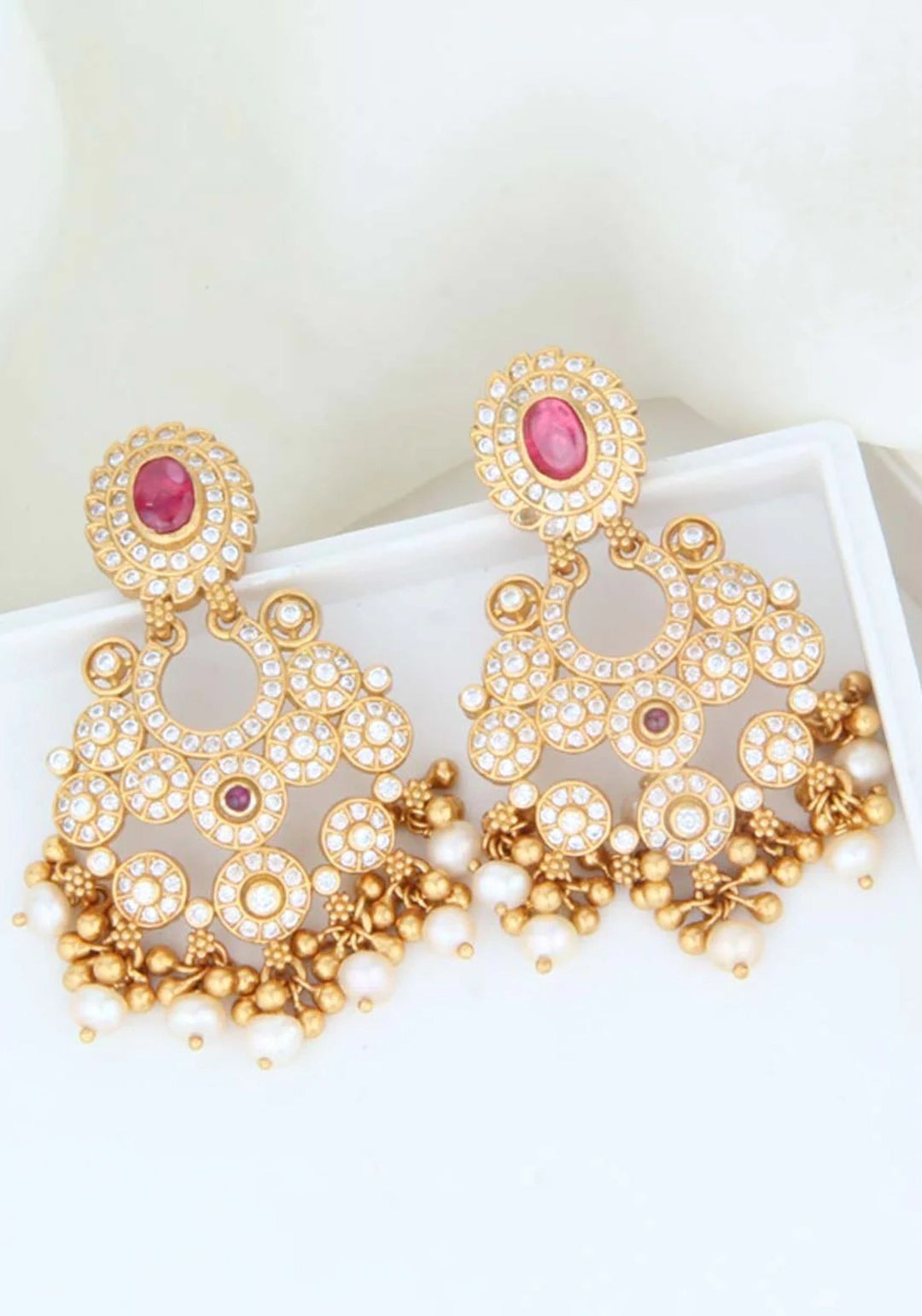 92.5 Silver Gold Plated Chandelier earrings with White Stone floral units