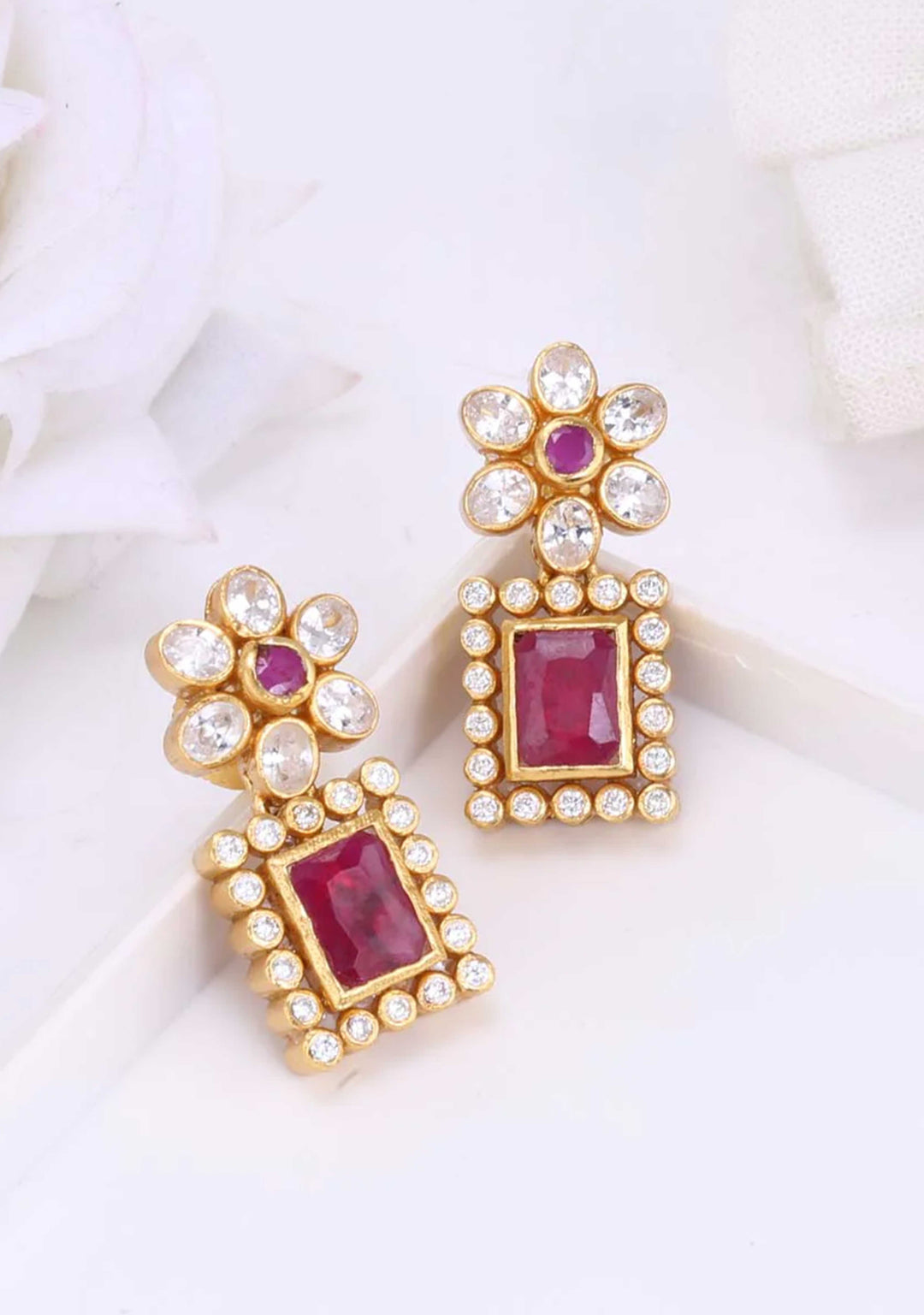 92.5 Silver 24Kt Gold Plated, Pink and White stone floral studs