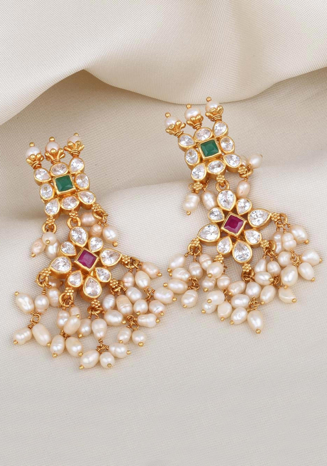 92.5 Silver 24 Kt Guttapusalu Earrings Gold Plated White, Pink and Green Stone earrings