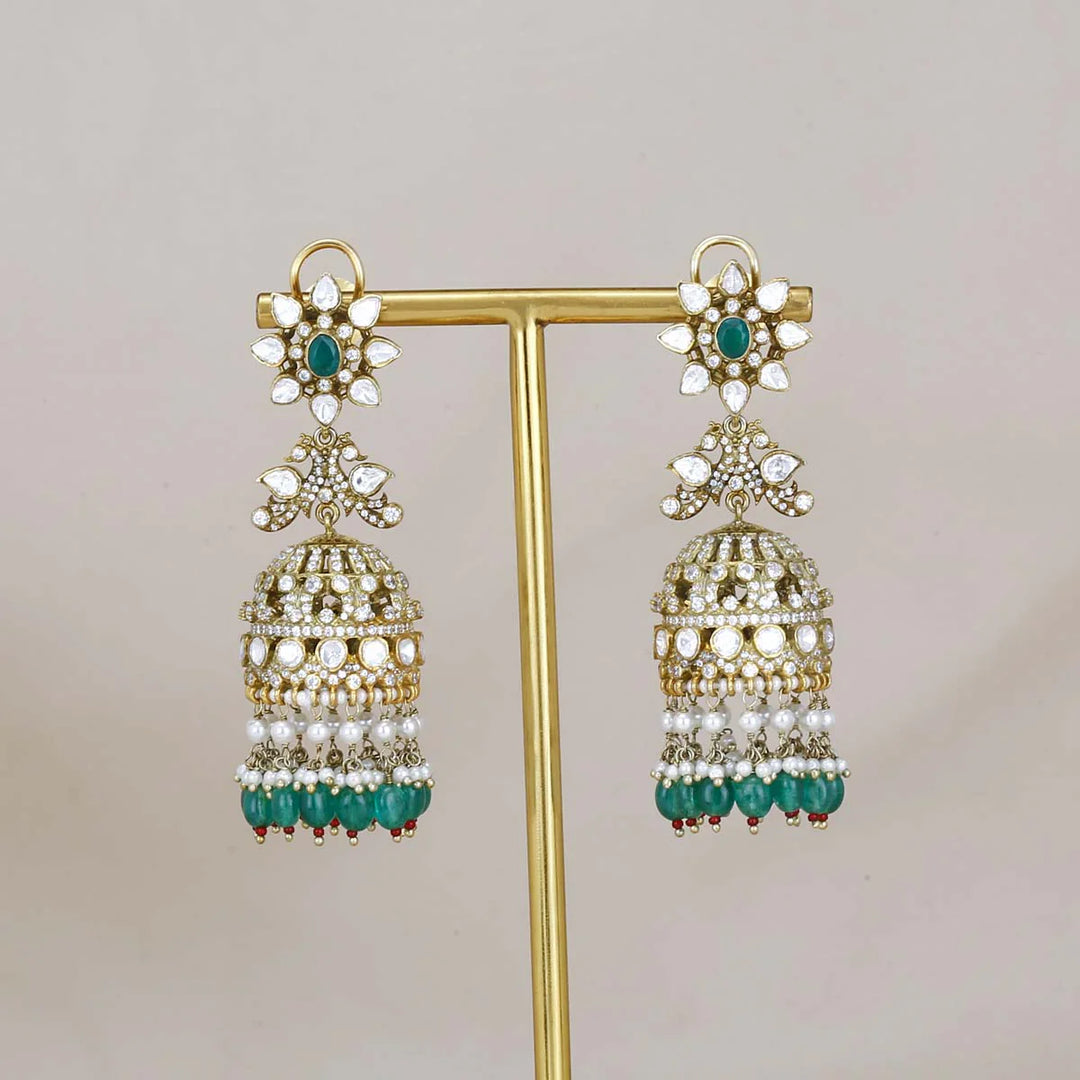 92.5 Silver Shikha Victorian Jhumkas with Green Dangling Beads