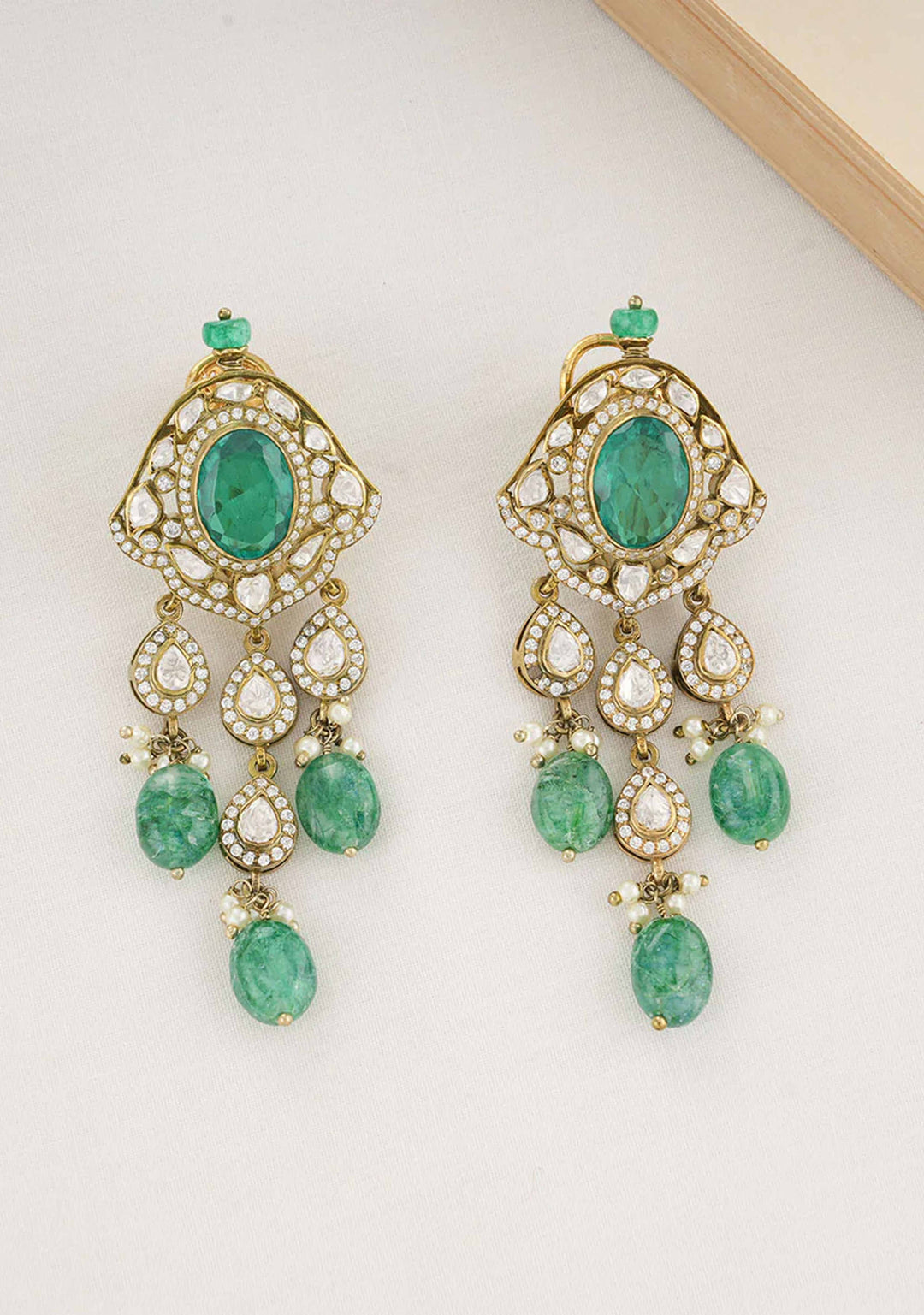 92.5 Silver Green and White Stone Victorian Earrings