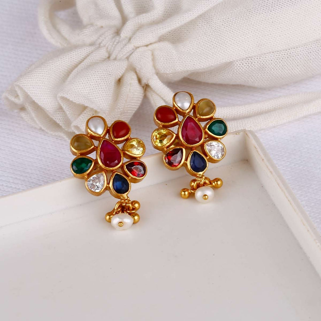 925 Silver Navaratna Drope Earrings with golden dangling Beads