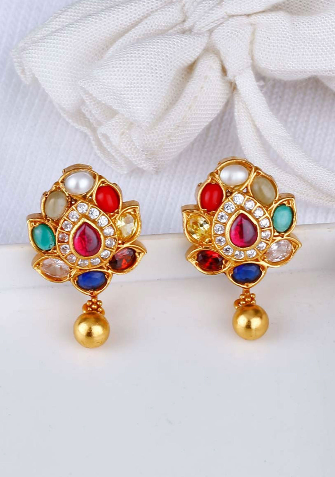 92.5 Silver Navratna Single ball drop studs