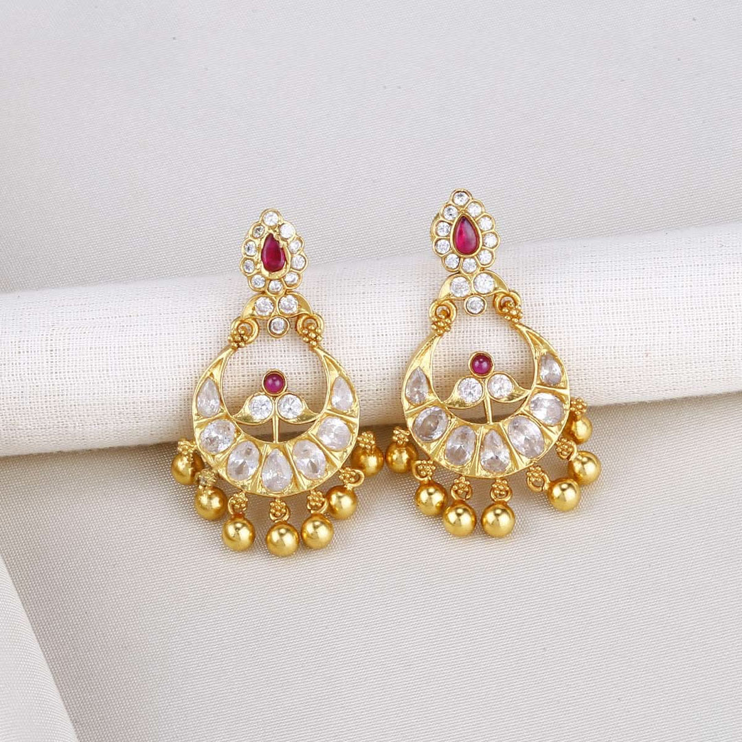925 SilverStone Chandbali design Silver Earring with Golden tone and dangling golden beads