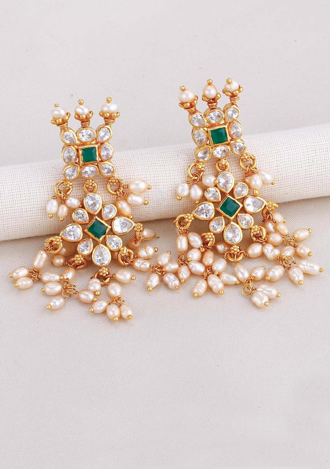 92.5 Silver 24 Kt Gold plated Green and White Guttapusalu earrings