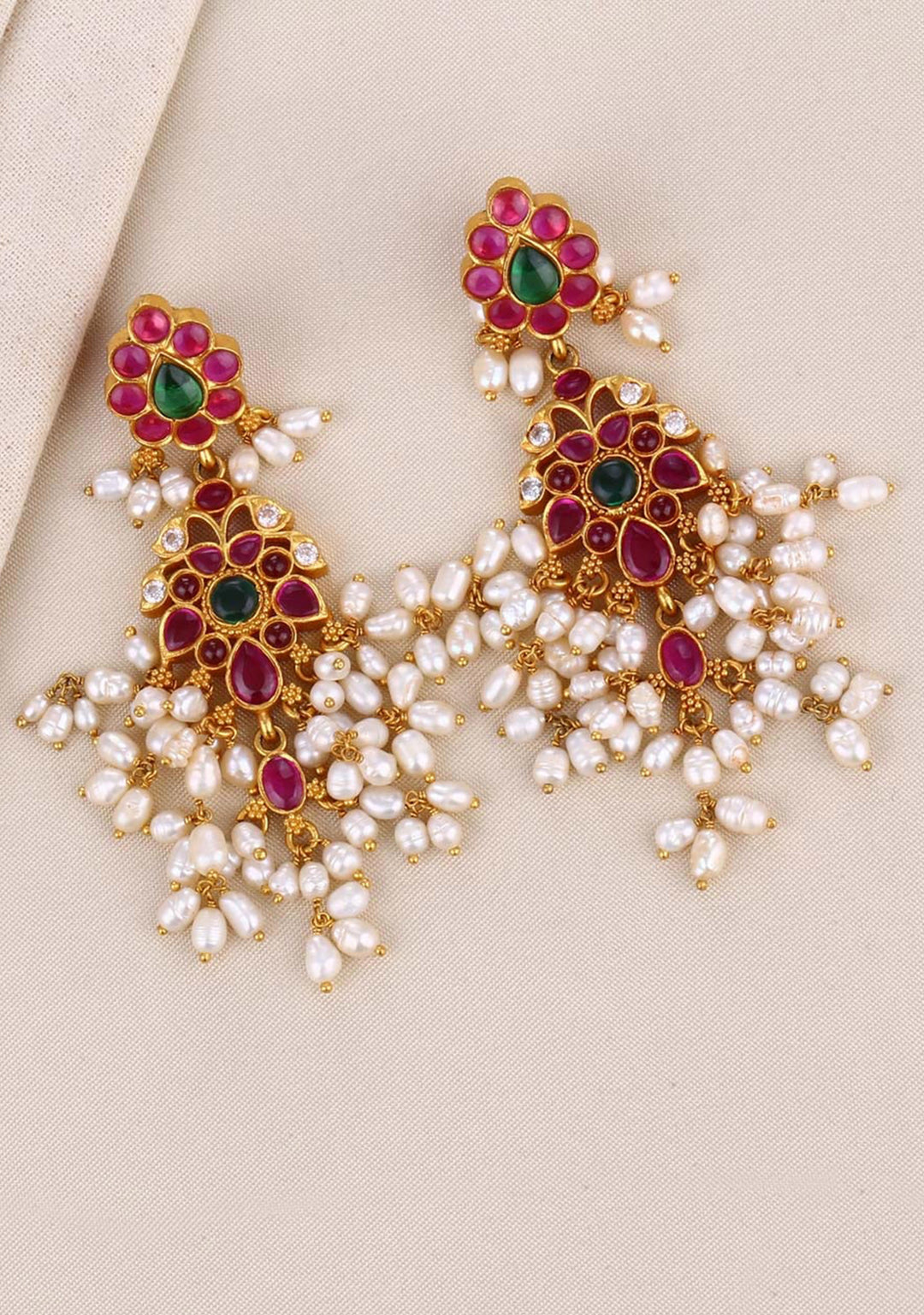 92.5 Silver Gold Plated 3" Red Stone Guttapusalu earrings