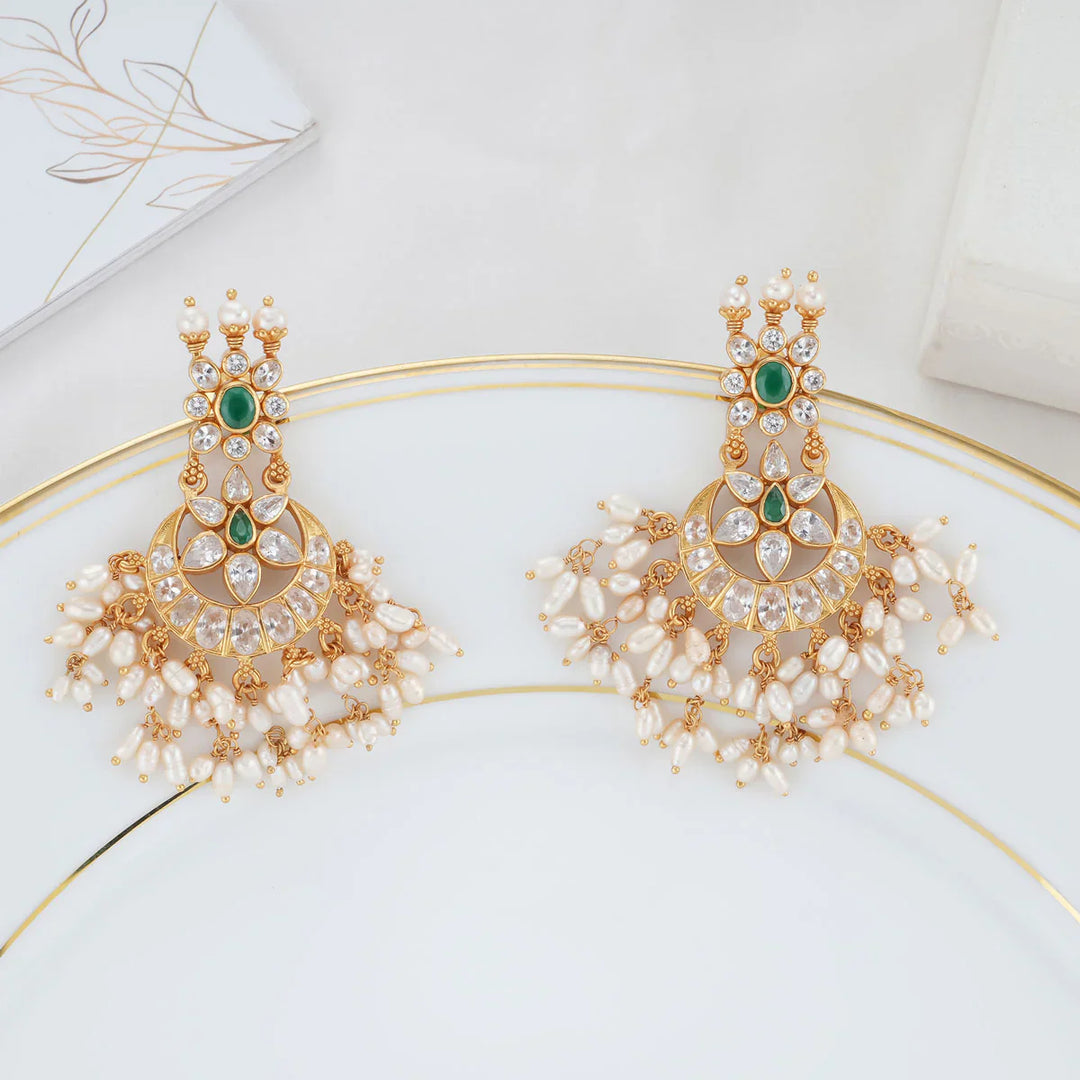92.5 Silver, 24kt Gold-Plated White and Green Chandbali Earrings