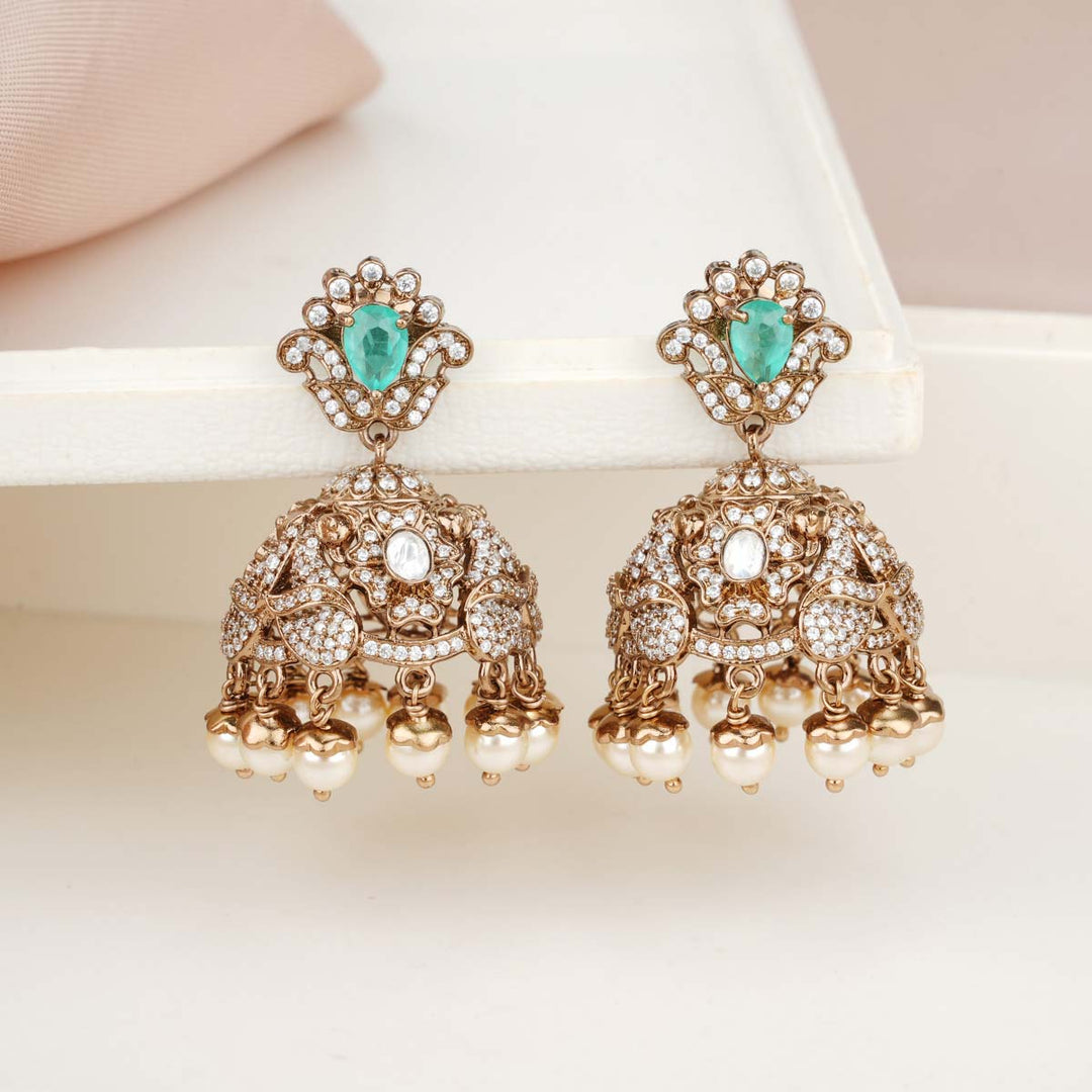 92.5 Silver Begonia Victorian Jhumkas with Dangling Beads