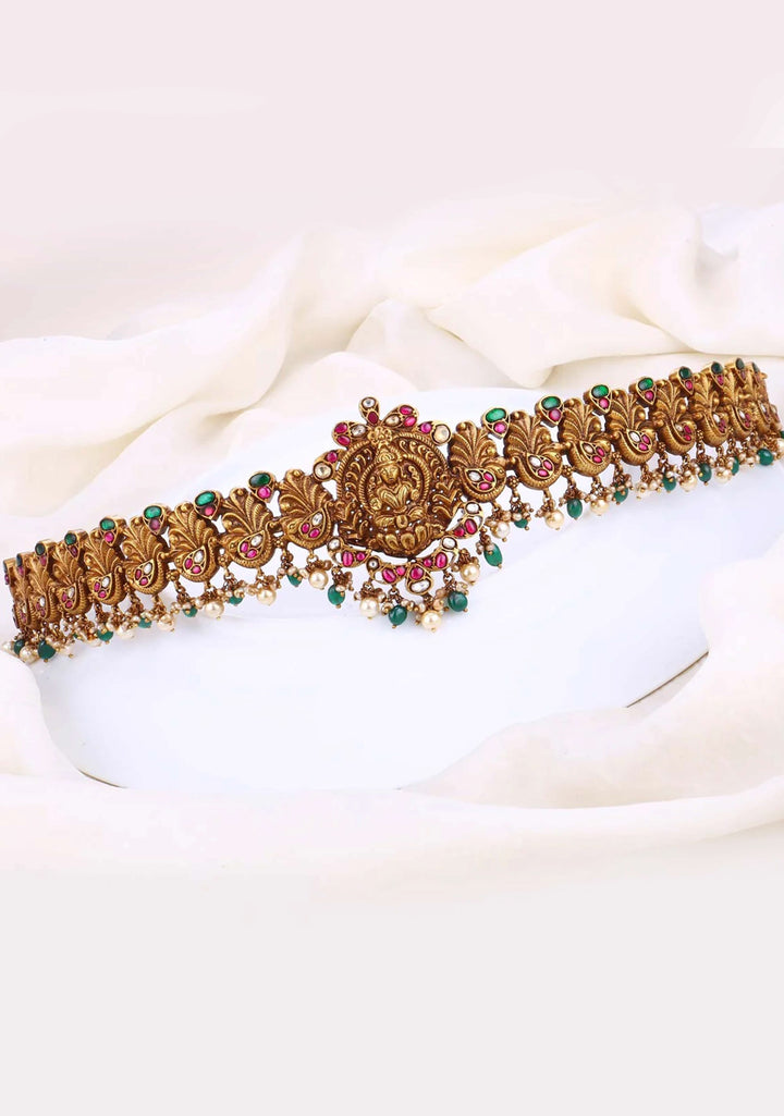 92.5 Silver Gold Plated Nagas Lakshmi Kundan stone with Peacock units and dangling beads