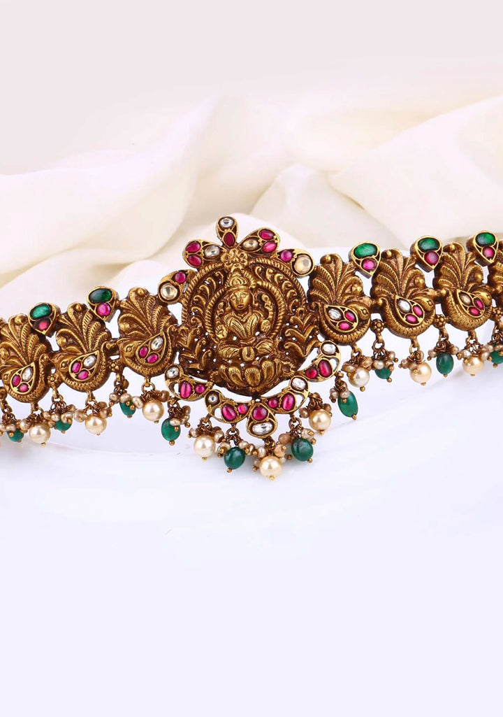 92.5 Silver Gold Plated Nagas Lakshmi Kundan stone with Peacock units and dangling beads