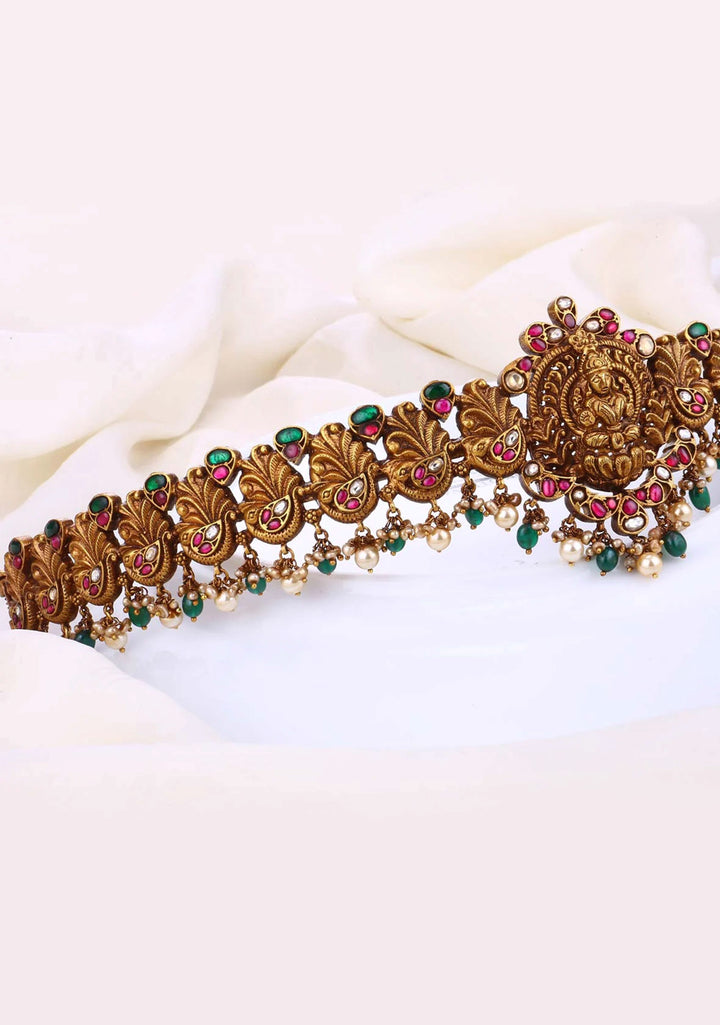 92.5 Silver Gold Plated Nagas Lakshmi Kundan stone with Peacock units and dangling beads