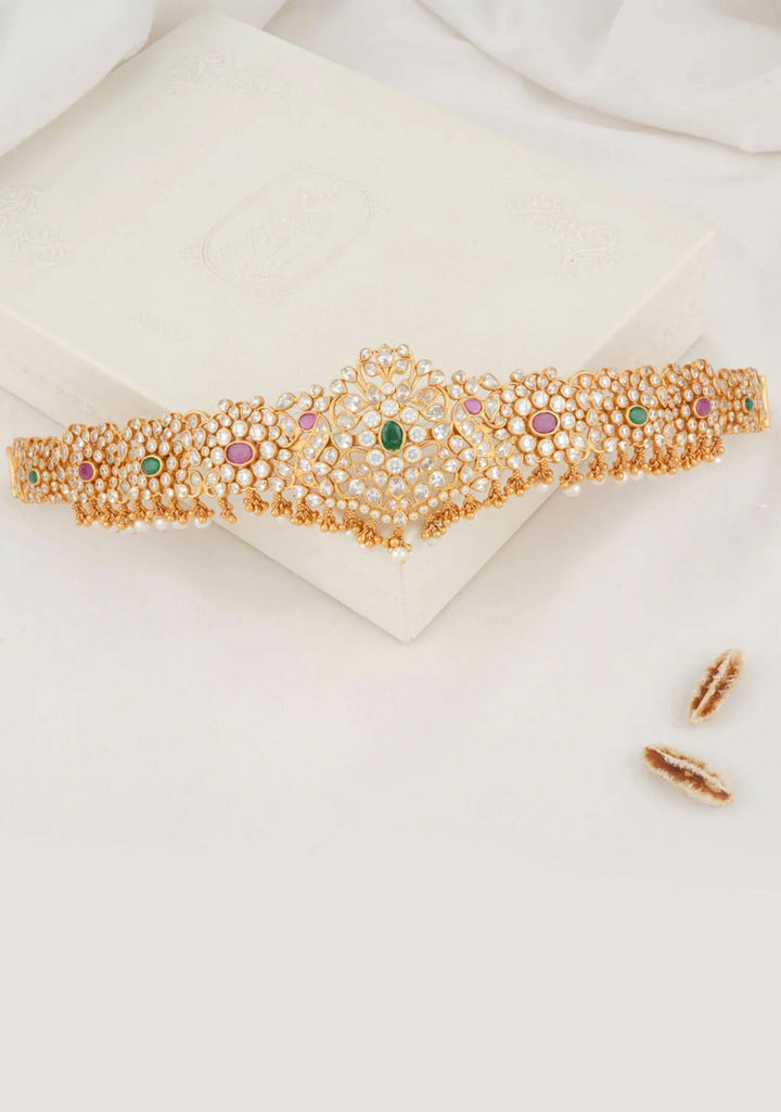 92.5 Silver Gold Plated White Stone Twin Peacock with Floral Vines and dangling beads