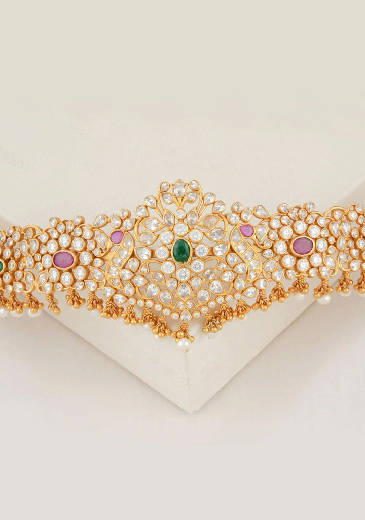 92.5 Silver Gold Plated White Stone Twin Peacock with Floral Vines and dangling beads