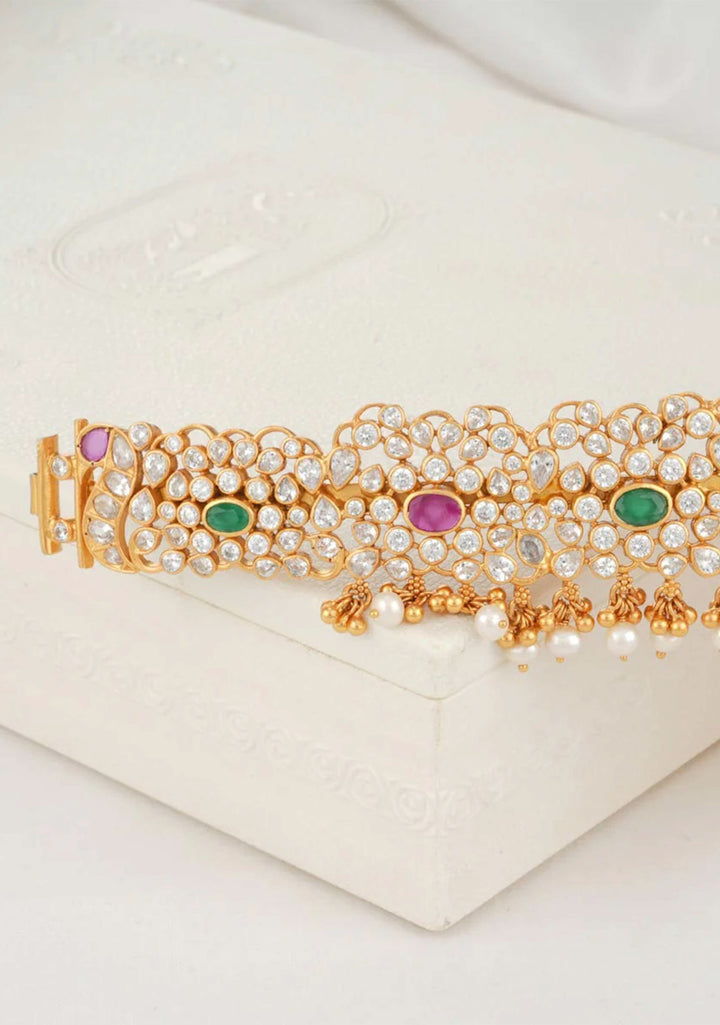 92.5 Silver Gold Plated White Stone Twin Peacock with Floral Vines and dangling beads