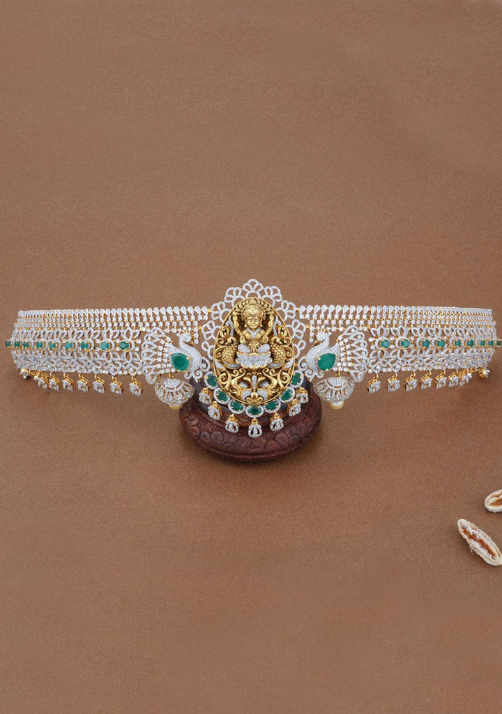 92.5 Silver Lakshmi Zirconia stones Hip Belt with Dangling Beads