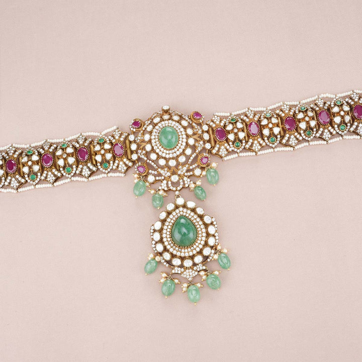 92.5 Silver Traditional Victorian Oddiyanam with Gemstone Embellishments and Dangling Beads