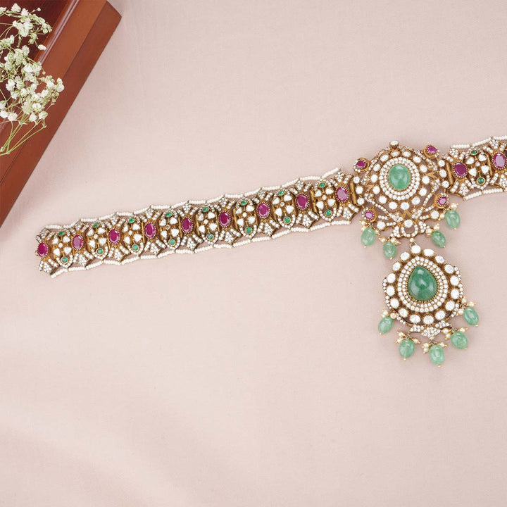 92.5 Silver Traditional Victorian Oddiyanam with Gemstone Embellishments and Dangling Beads