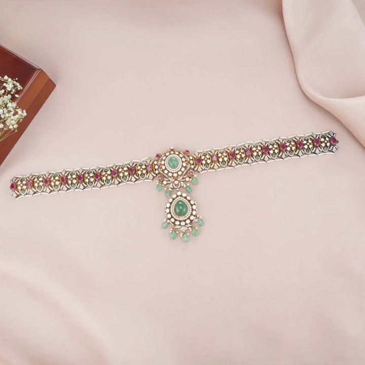 92.5 Silver Traditional Victorian Oddiyanam with Gemstone Embellishments and Dangling Beads