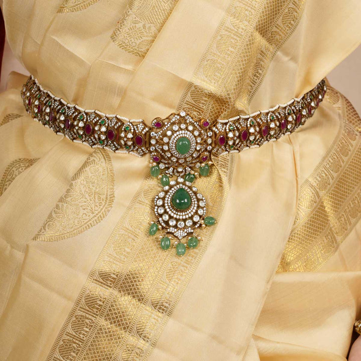 92.5 Silver Traditional Victorian Oddiyanam with Gemstone Embellishments and Dangling Beads