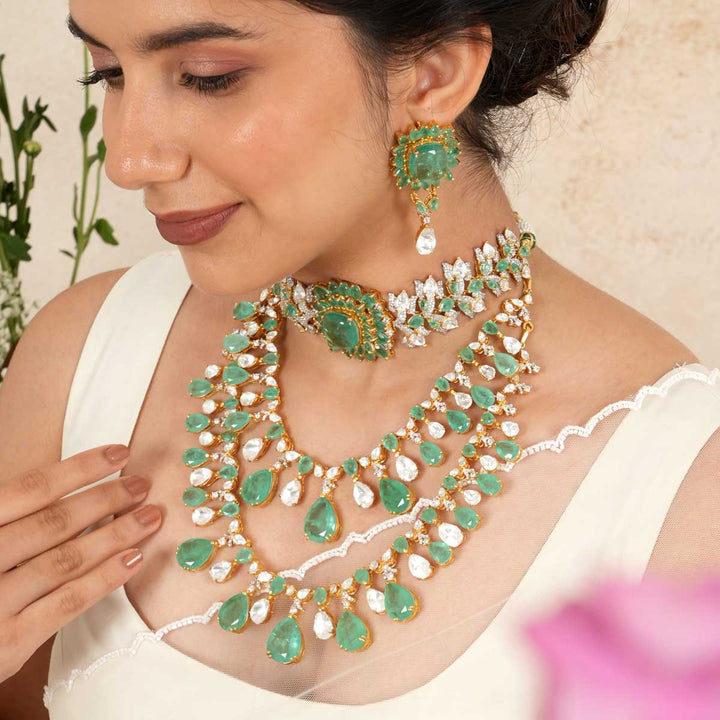 92.5 Silver 24 kt Gold-Plated Mint Green with CZ Layered Necklace Set - Three In One