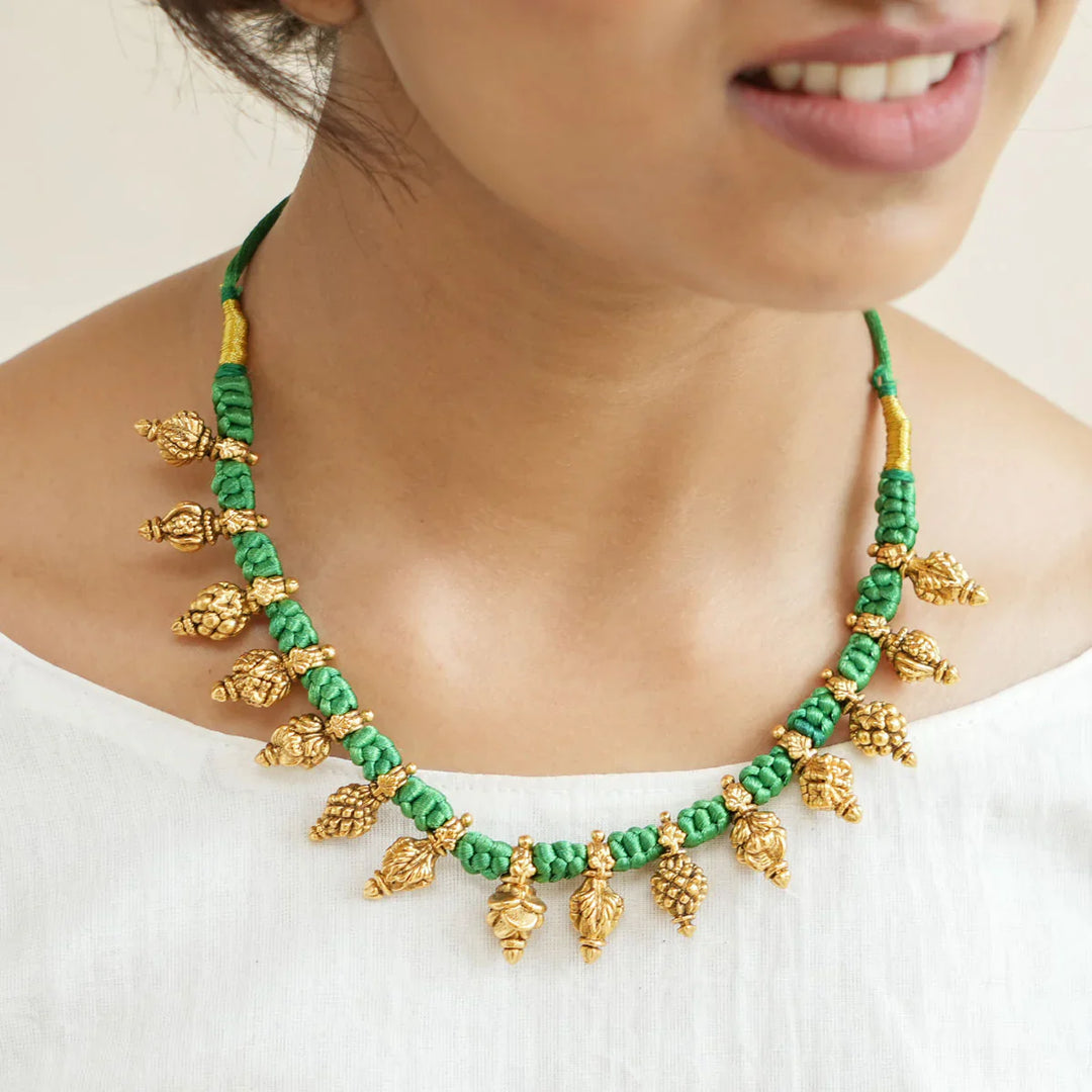 92.5 Silver Antqiue Gold polish Gundu Necklace on Green Rope
