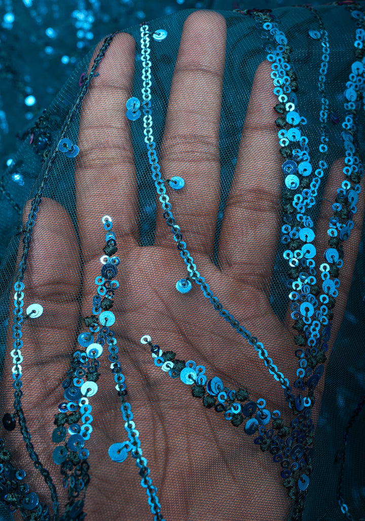 Peacock Blue Swirls Design Net Fusion Saree with Two Side temple Gadwal Border