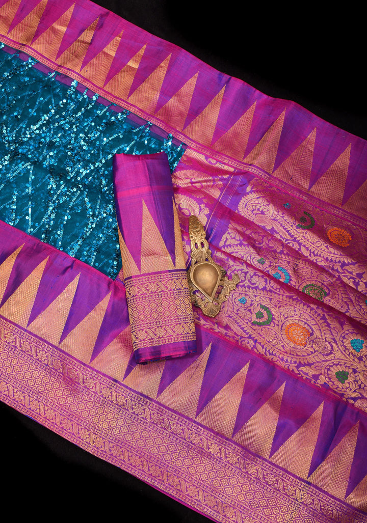 Peacock Blue Swirls Design Net Fusion Saree with Two Side temple Gadwal Border