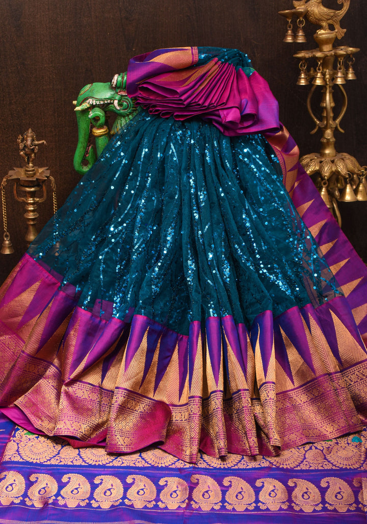 Peacock Blue Swirls Design Net Fusion Saree with Two Side temple Gadwal Border