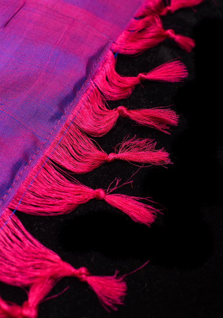 Peacock Blue Swirls Design Net Fusion Saree with Two Side temple Gadwal Border