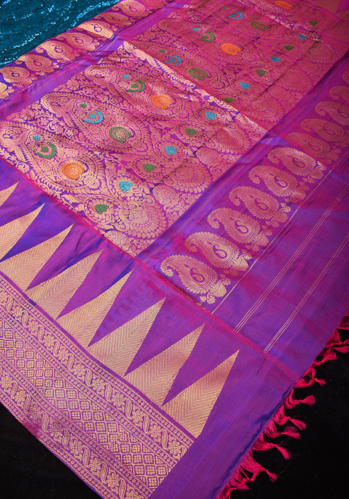 Peacock Blue Swirls Design Net Fusion Saree with Two Side temple Gadwal Border