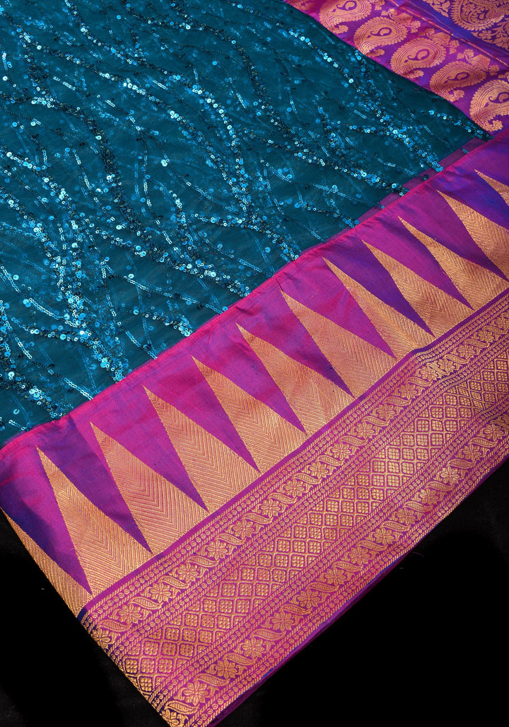 Peacock Blue Swirls Design Net Fusion Saree with Two Side temple Gadwal Border