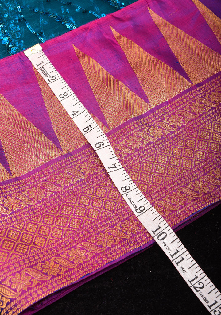 Peacock Blue Swirls Design Net Fusion Saree with Two Side temple Gadwal Border