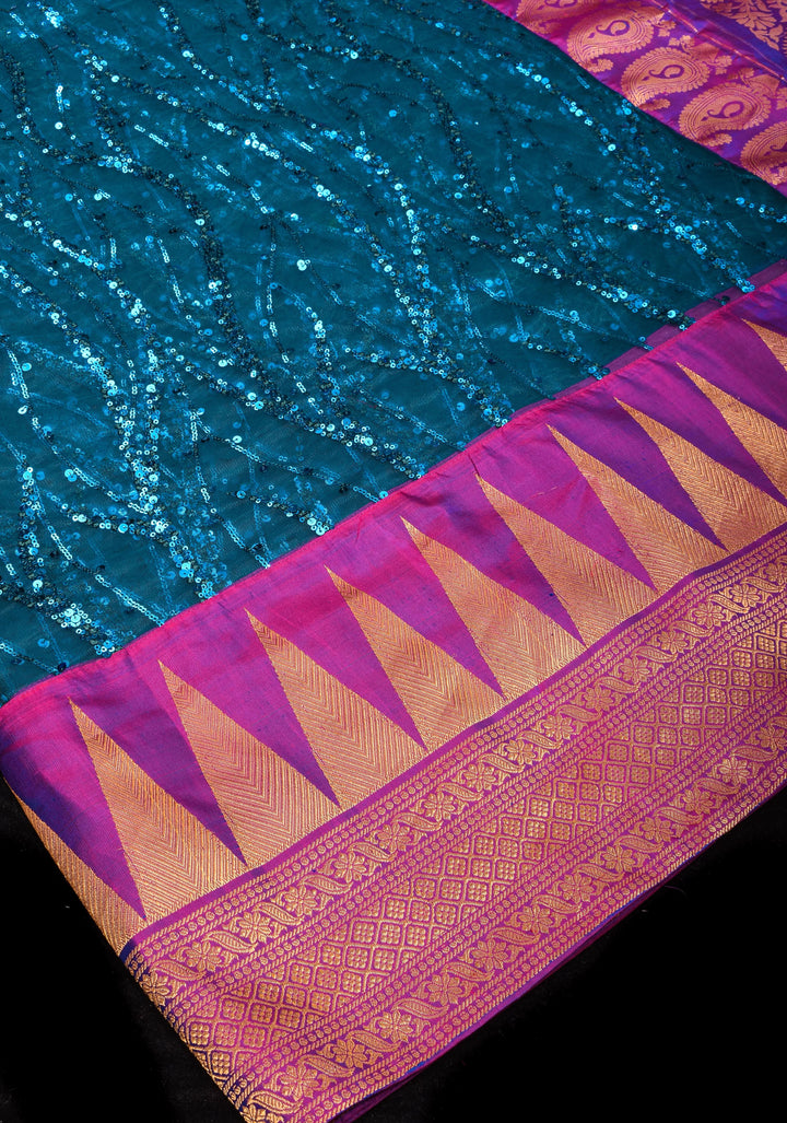 Peacock Blue Swirls Design Net Fusion Saree with Two Side temple Gadwal Border