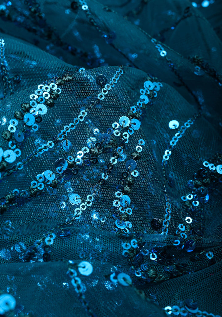 Peacock Blue Swirls Design Net Fusion Saree with Two Side temple Gadwal Border