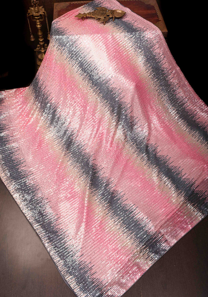 Ombre Pink and Gray Sequins on Net Saree