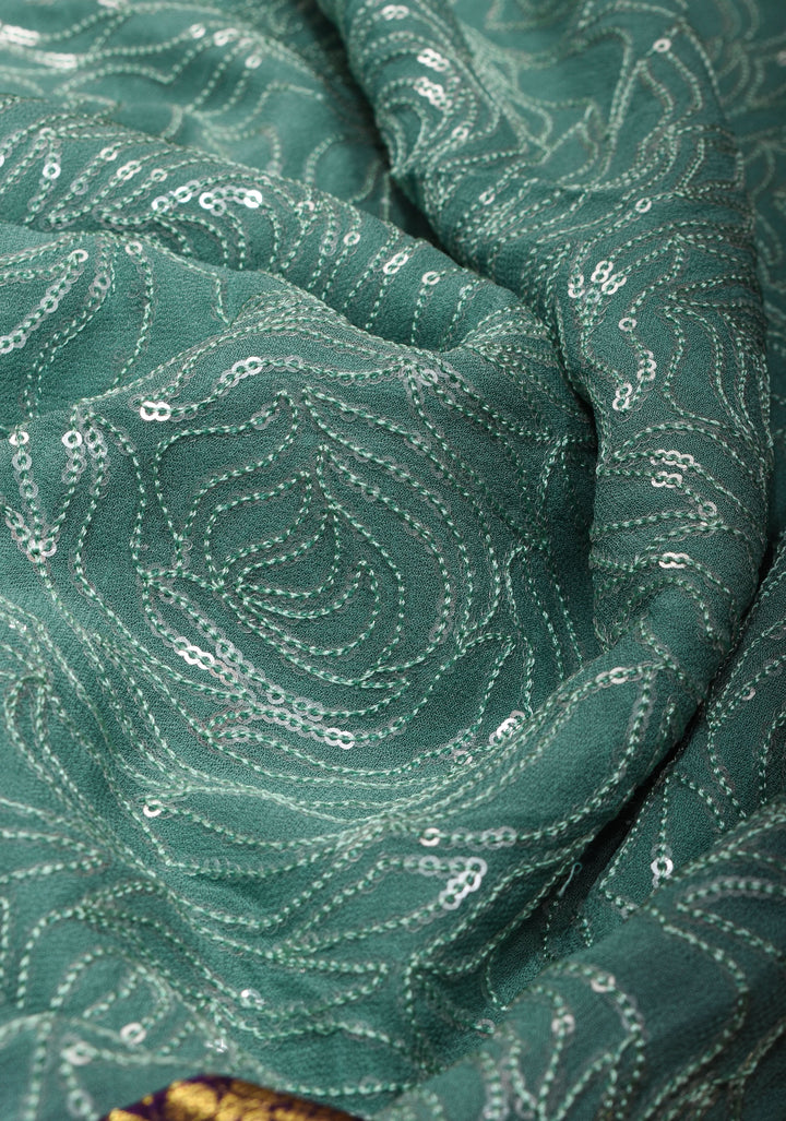 Green Cyan Jaal stunning fusion saree with dainty self sequins and wide Kanjivaram Purple Contrast Border
