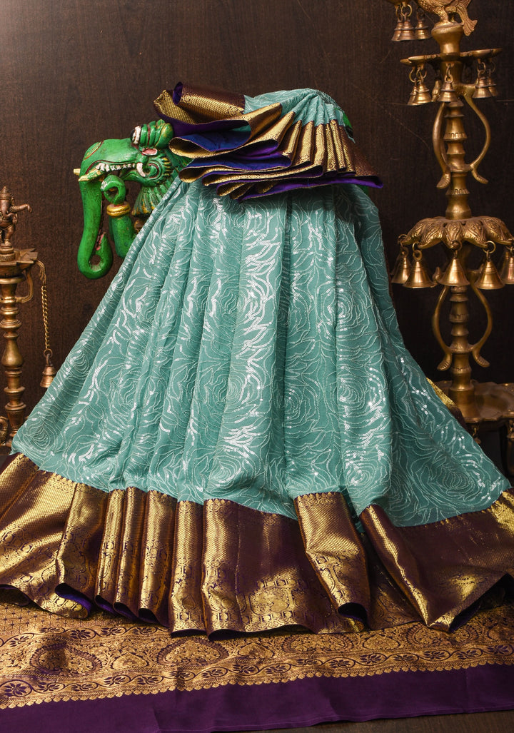 Green Cyan Jaal stunning fusion saree with dainty self sequins and wide Kanjivaram Purple Contrast Border