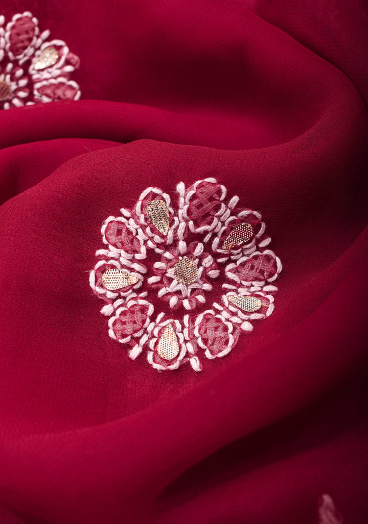 Authentic Hand Chikankari with Gotta Work on Maroon Georgette Saree and Fusion Kanjivaram Border