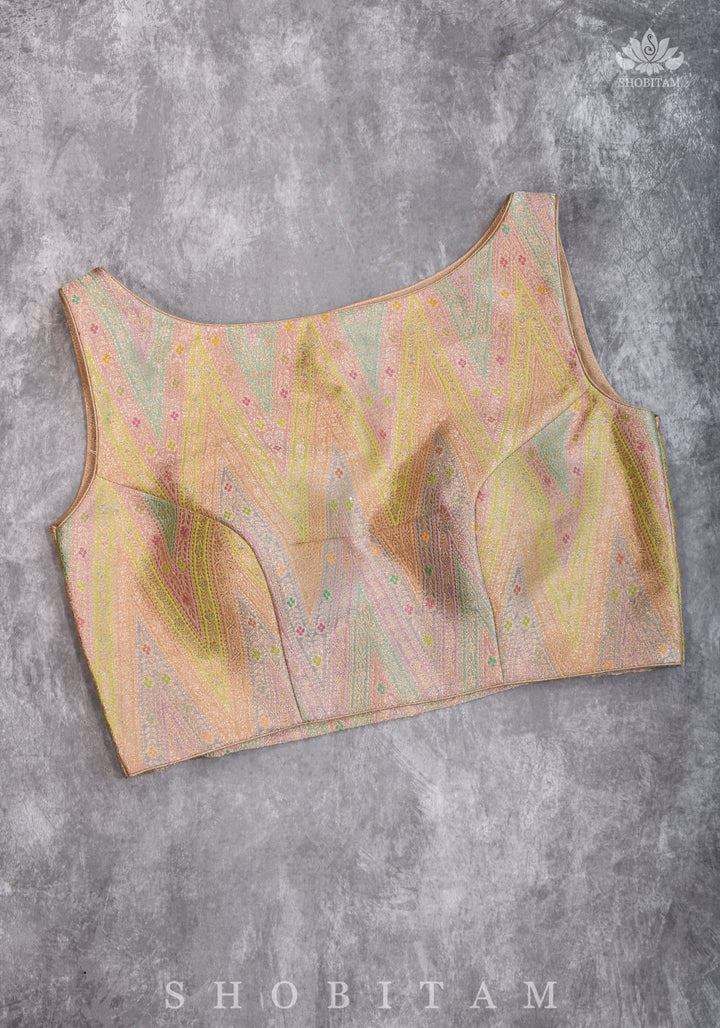 Banarasi Brocade Pastel Mix and Match Blouse with Side-back Closure and Potli Buttons