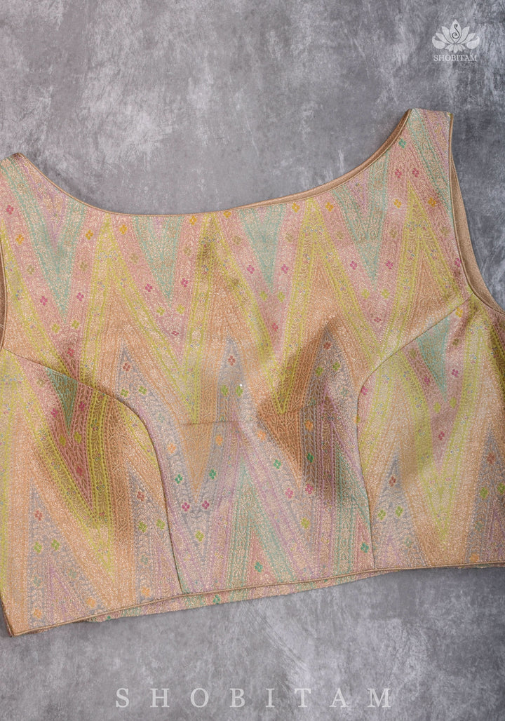 Banarasi Brocade Pastel Mix and Match Blouse with Side-back Closure and Potli Buttons