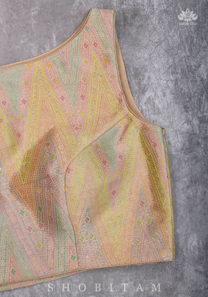 Banarasi Brocade Pastel Mix and Match Blouse with Side-back Closure and Potli Buttons