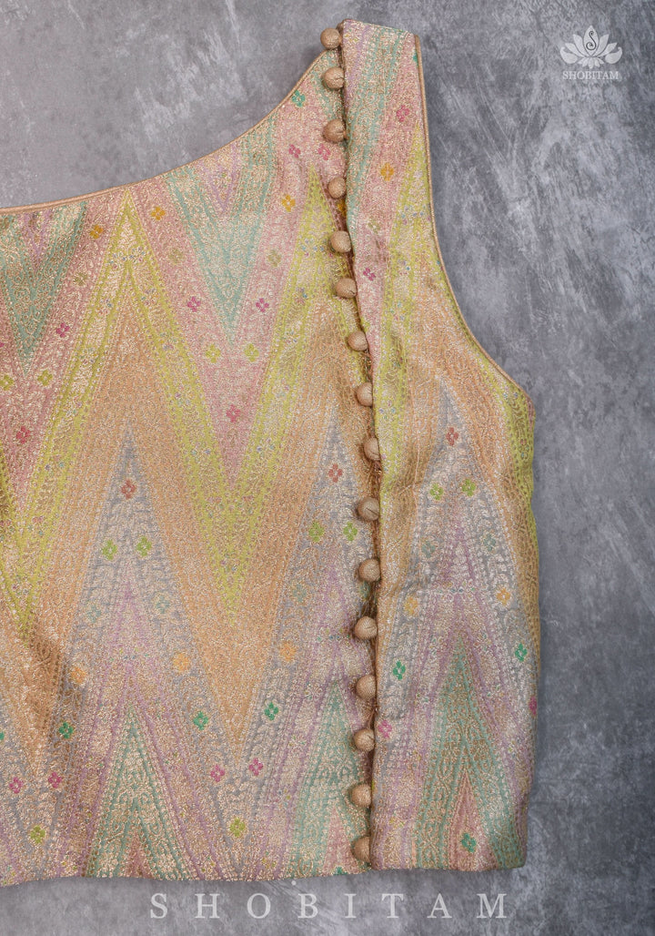 Banarasi Brocade Pastel Mix and Match Blouse with Side-back Closure and Potli Buttons