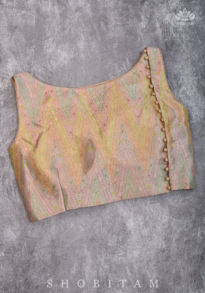 Banarasi Brocade Pastel Mix and Match Blouse with Side-back Closure and Potli Buttons