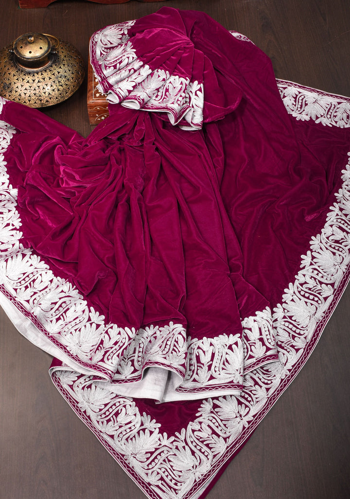 Maroon Exquisite  Velvet Saree with Kashmiri Tilla Work Style Embroidery with Beautiful Pallu