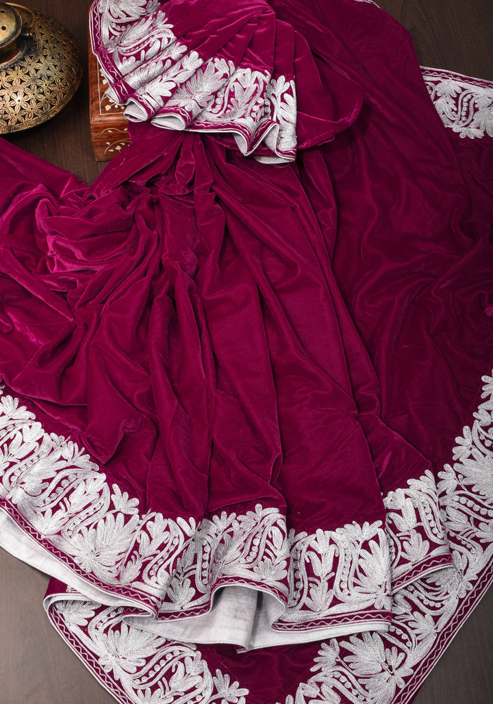 Maroon Exquisite  Velvet Saree with Kashmiri Tilla Work Style Embroidery with Beautiful Pallu