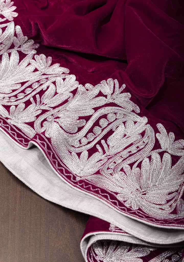 Maroon Exquisite  Velvet Saree with Kashmiri Tilla Work Style Embroidery with Beautiful Pallu